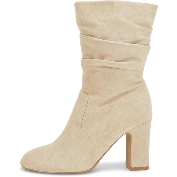 Women's Nude Microfiber Mid Calf High Chunky Heel Block Rounded Toe Booties - Picture 4 of 6